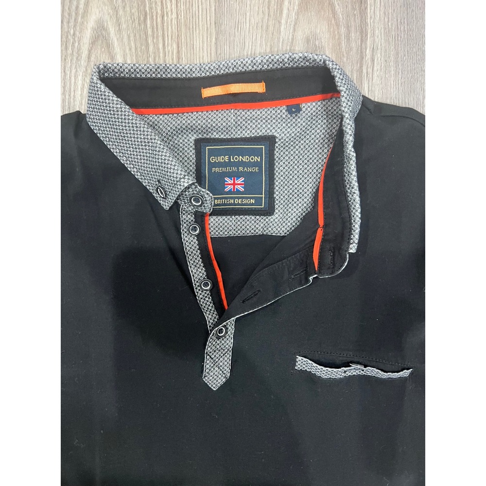 Guide London‎ Premium Range Mens Large Black Polo Shirt Patterned Collar